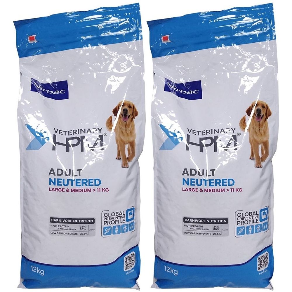 Deux sacs de croquettes pour chiens. Inscription : Virbac Veterinary HPM Adult Neutered, pour chiens de grande et moyenne taille > 11 kg. 12 kg.