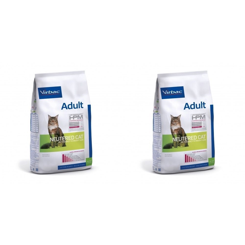 Deux paquets de nourriture pour chats. Inscription : Virbac, Adult, HPM, Neutered Cat. Image d'un chat. Emballage sur fond blanc.