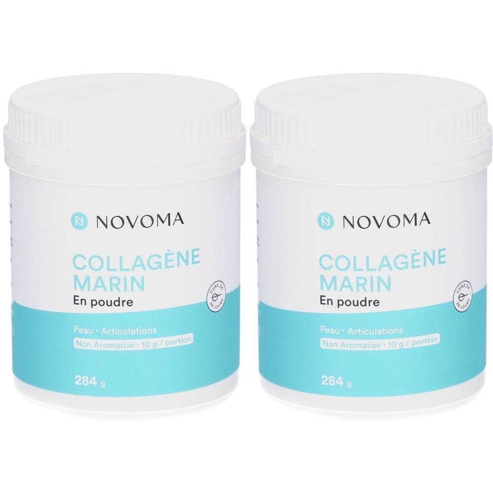 Deux boîtes blanches de NOVOMA Collagène Marin Poudre. Inscription: Collagène Marin, En poudre, 284g. Bande turquoise.