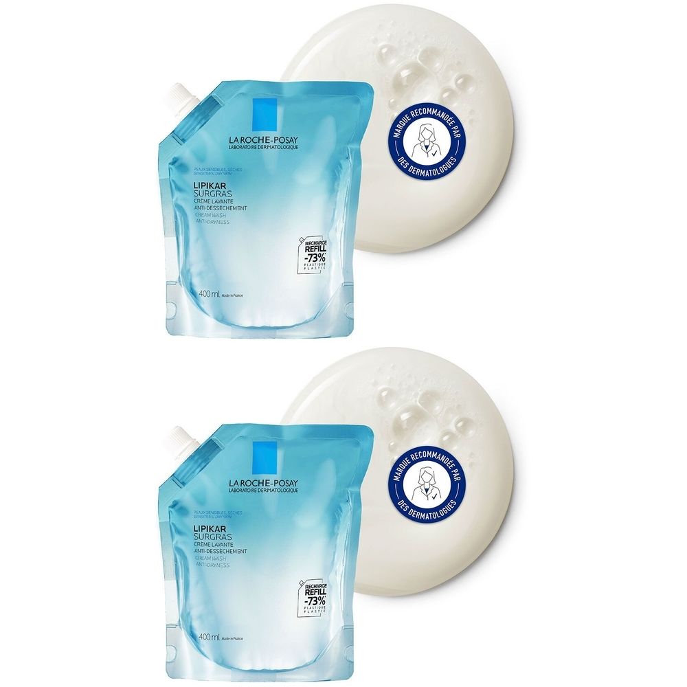 Deux recharges et deux savons ronds. Les recharges portent l'inscription "LA ROCHE-POSAY". Les savons ont un logo.