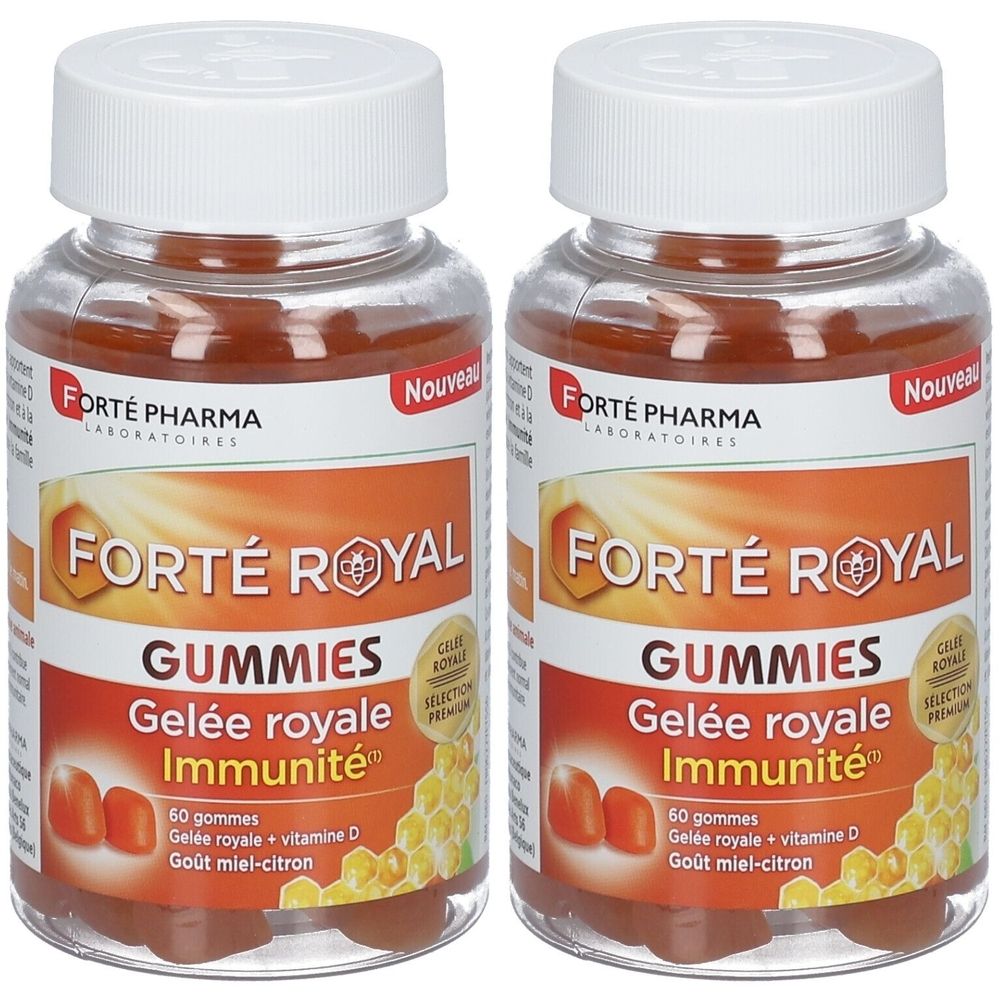 Deux flacons de Forté Royal Gummies. Flacons transparents avec bouchons blancs. Étiquettes avec informations produit et mot "Immunité".