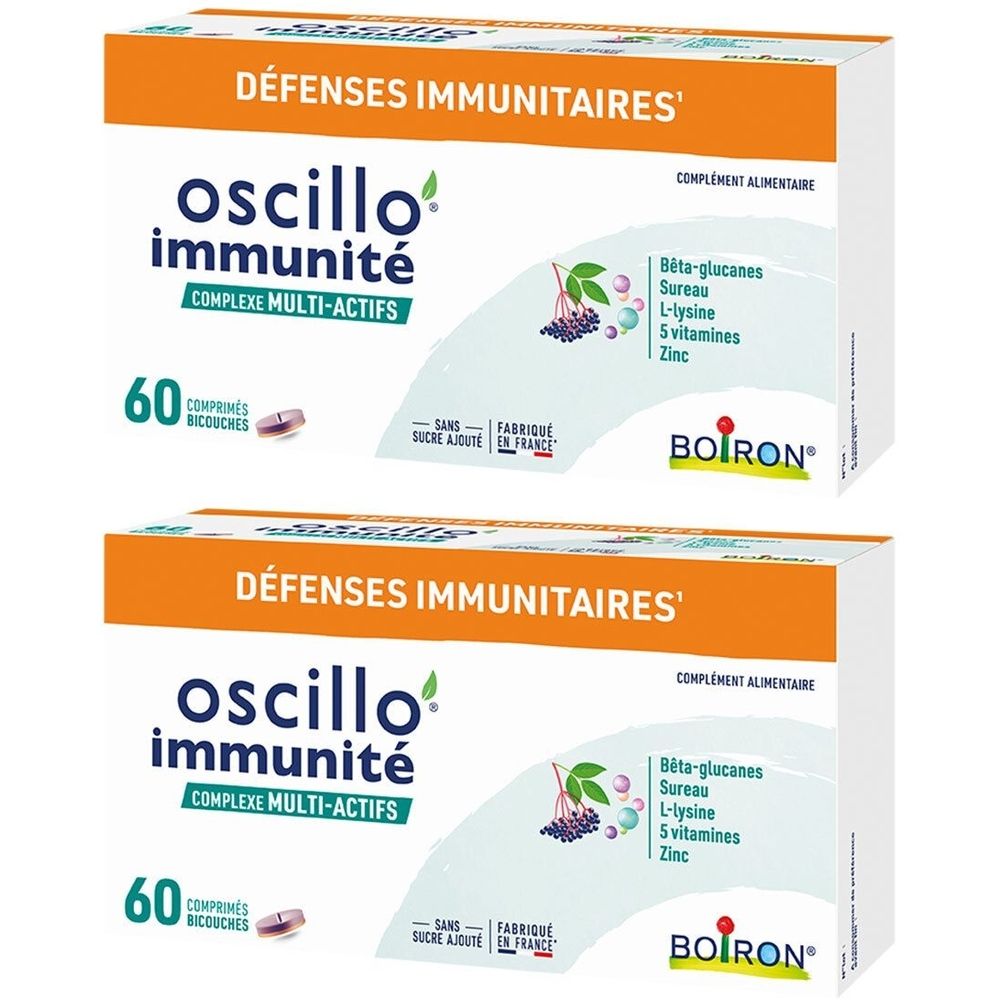 Deux boîtes de 'Oscillo' Immunité. Inscription 'Défenses Immunitaires'. Contient 60 comprimés. Marque Boiron.