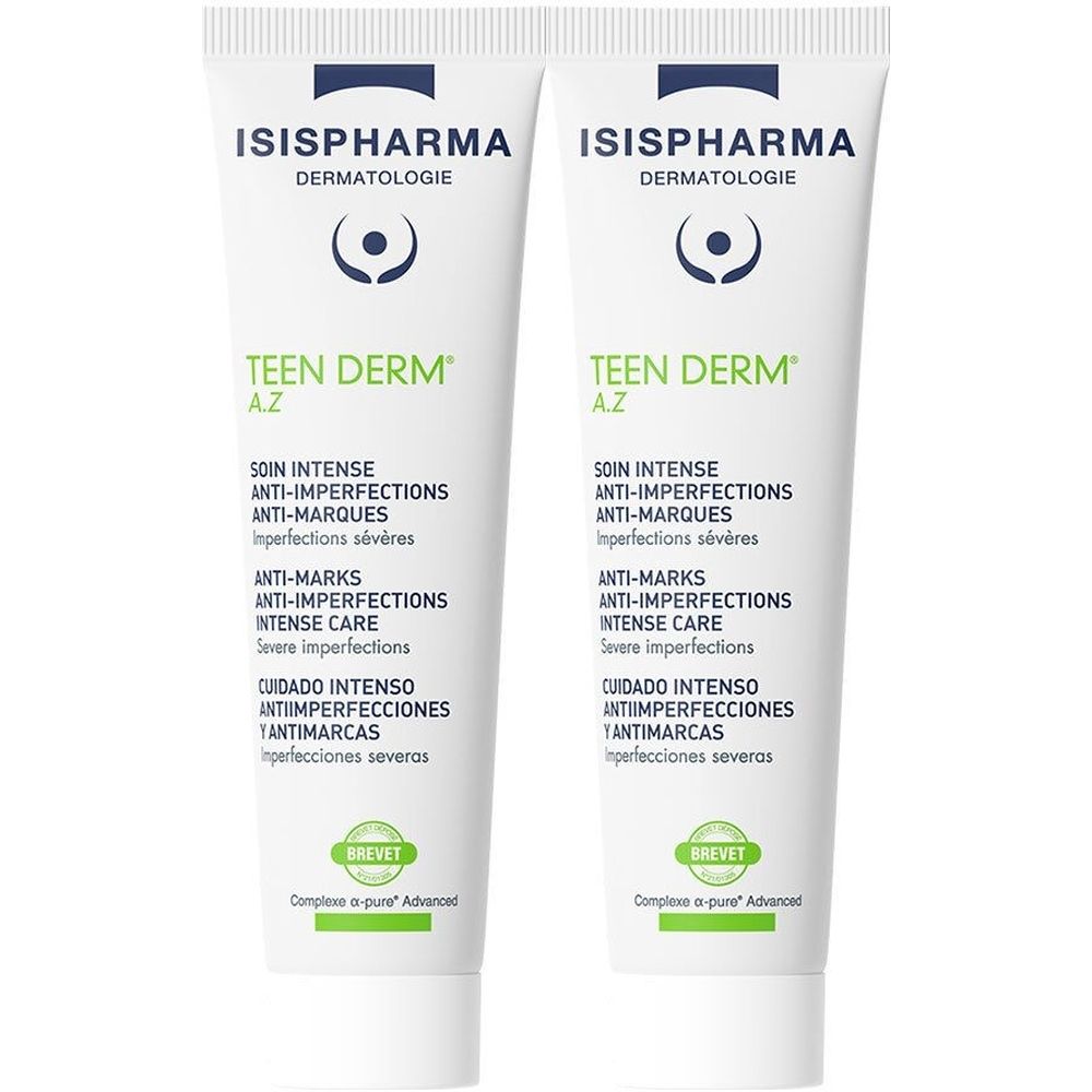 Deux tubes de Teen Derm A.Z. d'ISISPHARMA. Tubes blancs avec texte vert et noir. Texte : Anti-imperfections.