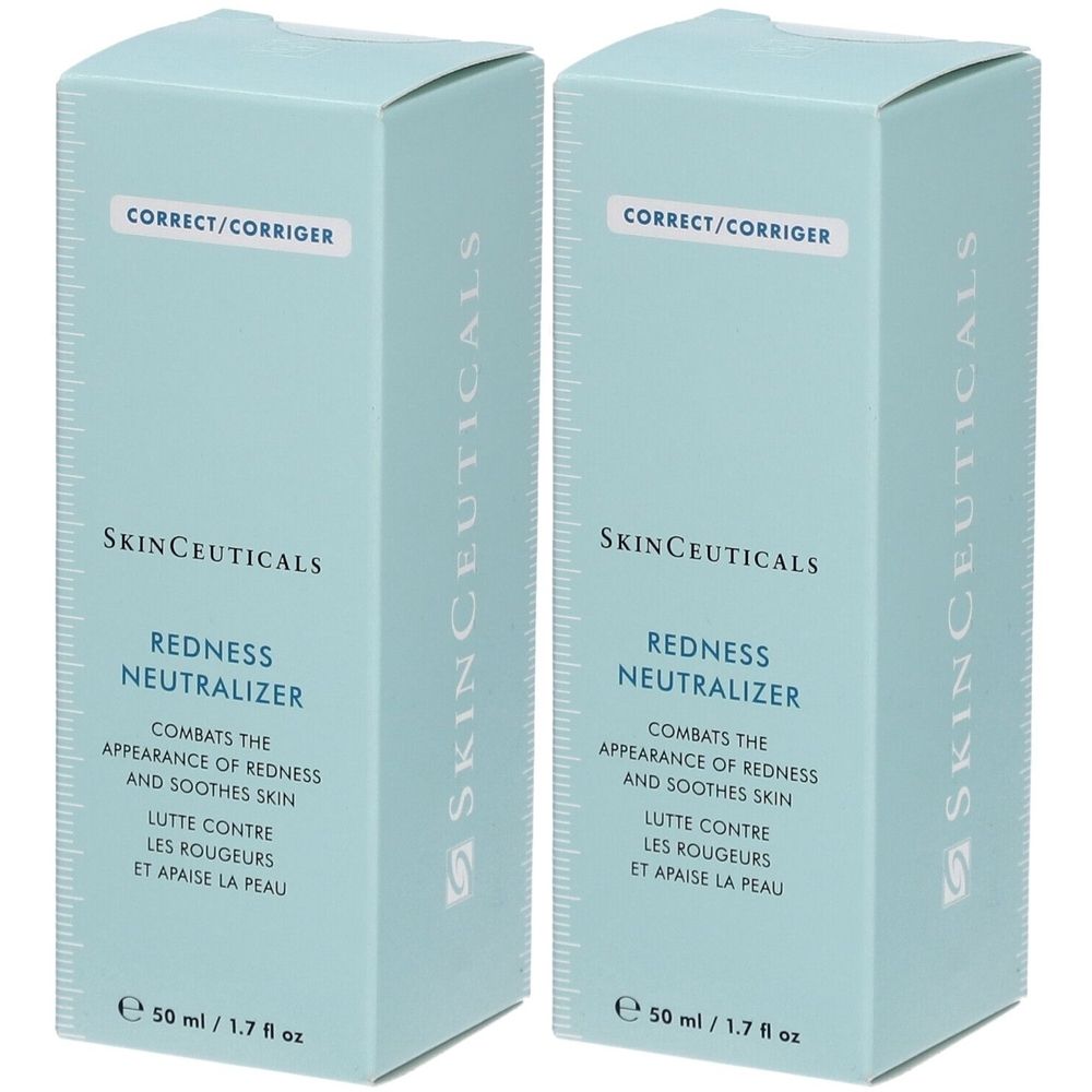 Deux boîtes bleu clair. Inscription: SKINCEUTICALS Redness Neutralizer. Texte en anglais et français. Volume: 50 ml.