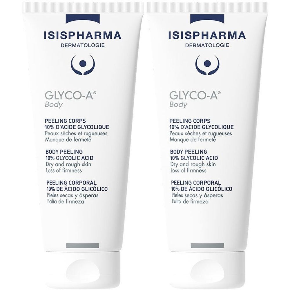 Deux tubes blancs avec texte. Inscription: ISISPHARMA, GLYCO-A Body, Peeling Corps, 10% d'acide glycolique.