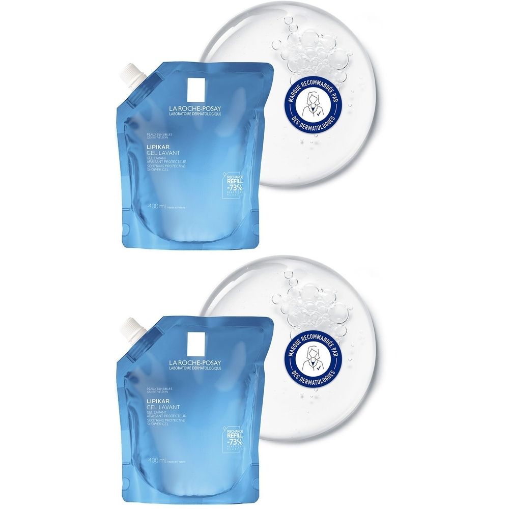 Deux recharges bleues avec bec verseur blanc et indication du produit. À côté, deux formes rondes et transparentes avec impression.