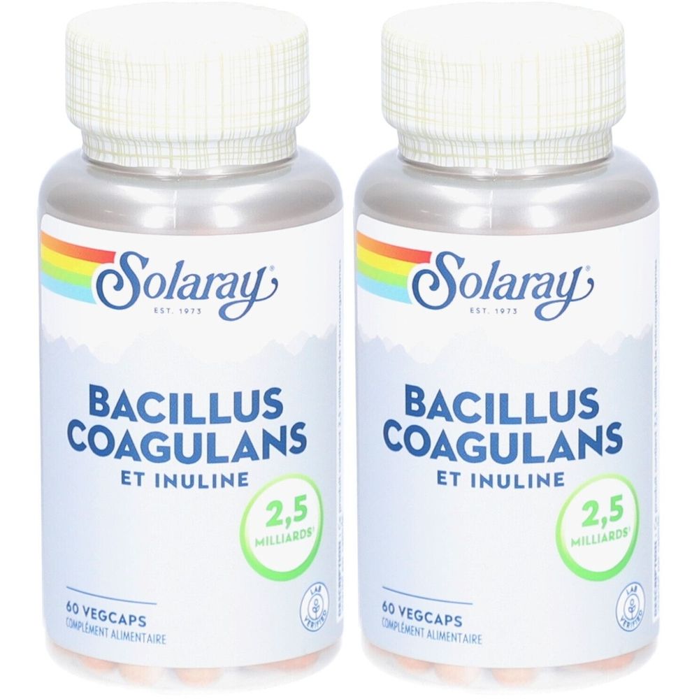 Deux flacons avec bouchons blancs. Inscription: Bacillus Coagulans Et Inuline, 2,5 milliards, 60 Vegcaps. Marque: Solaray.