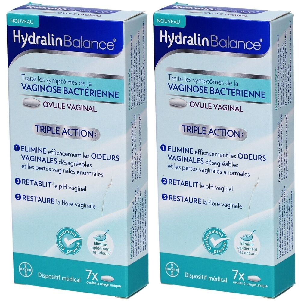 Deux boîtes Hydralin Balance. Indication: Ovule Vaginal. Triple action. Dispositif médical. Contient 7 ovules.