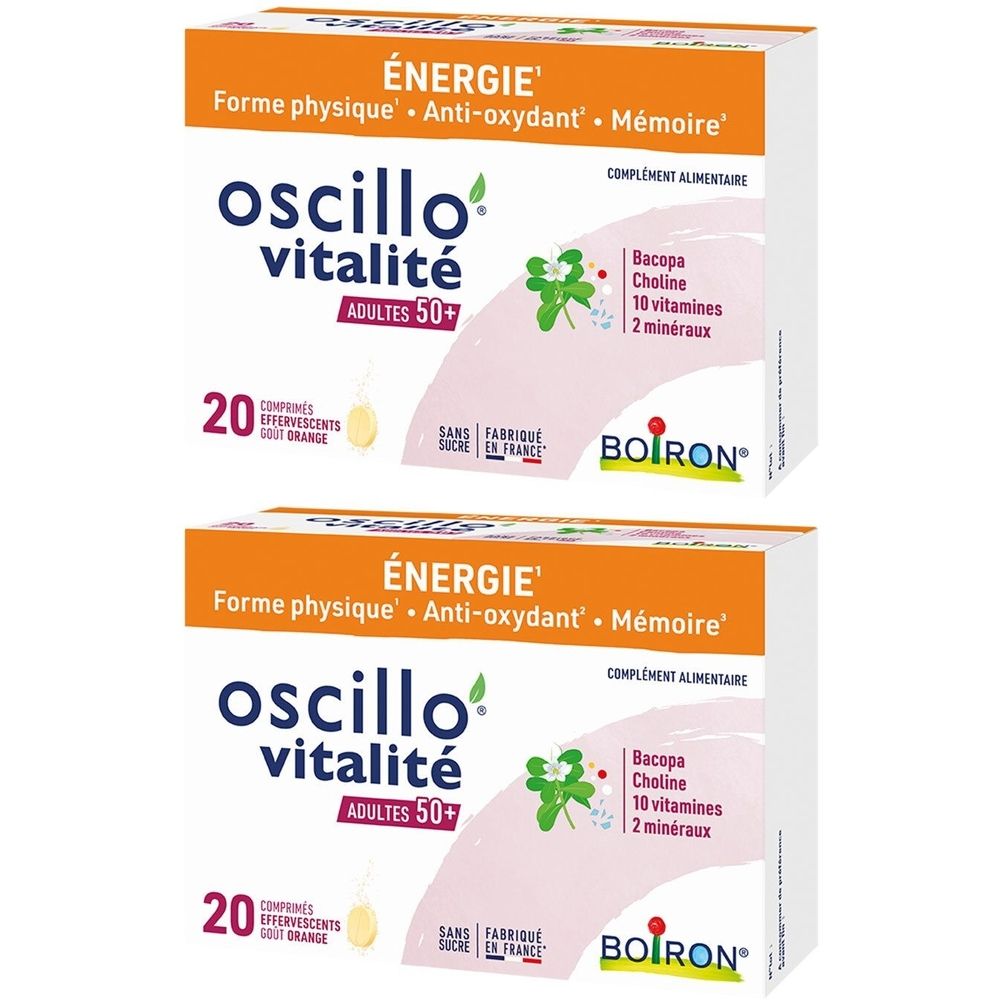 Deux boîtes de Oscillo Vitalité adultes 50+. Complément alimentaire. Contient 20 comprimés effervescents goût orange. Marque Boiron.