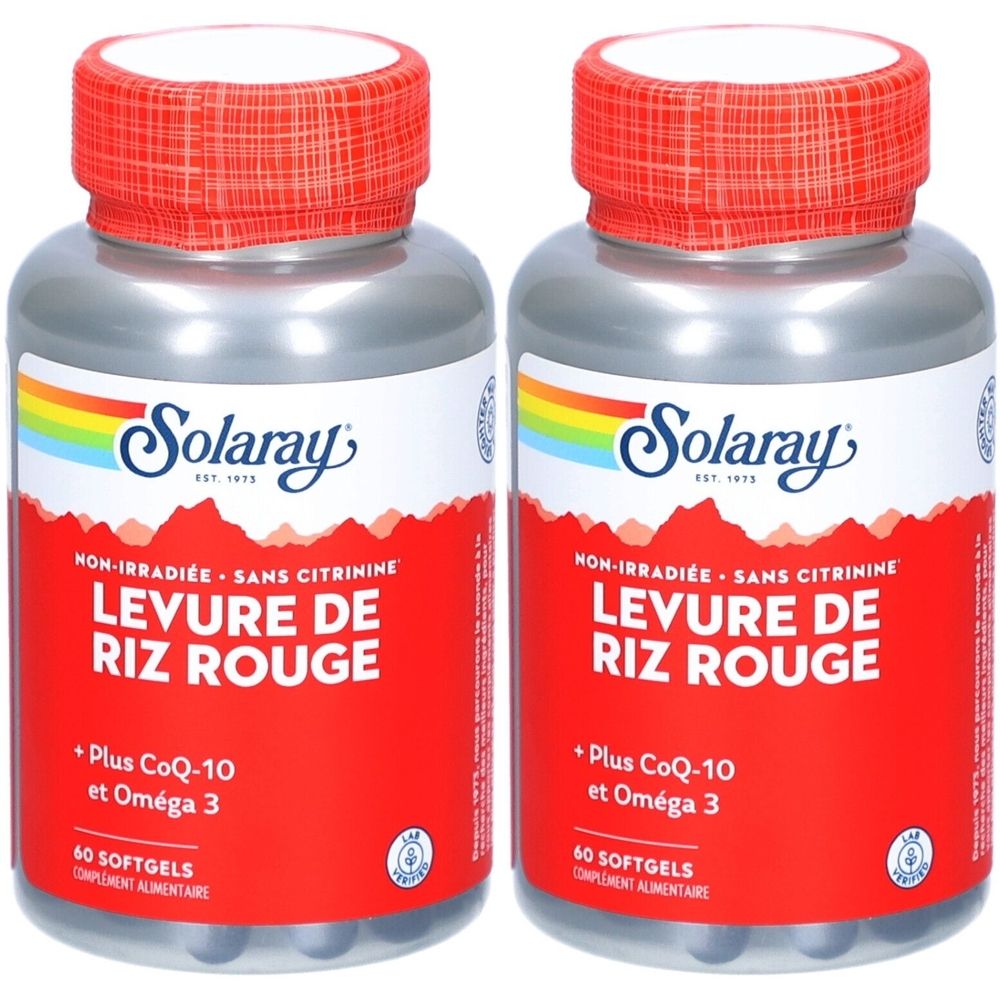 Deux flacons de Levure de Riz Rouge Solaray. Inscription: Plus CoQ-10 et Oméga 3. 60 gélules. Flacons argentés avec bouchons rouges.