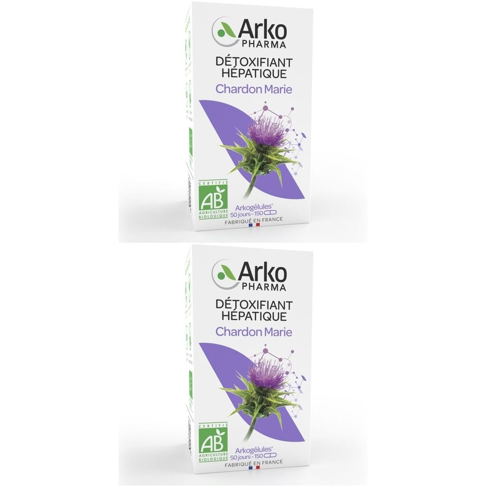 Deux boîtes blanches avec informations produit. Inscription: Arko Pharma, DÉTOXIFIANT HÉPATIQUE, Chardon Marie. Avec certification AB.
