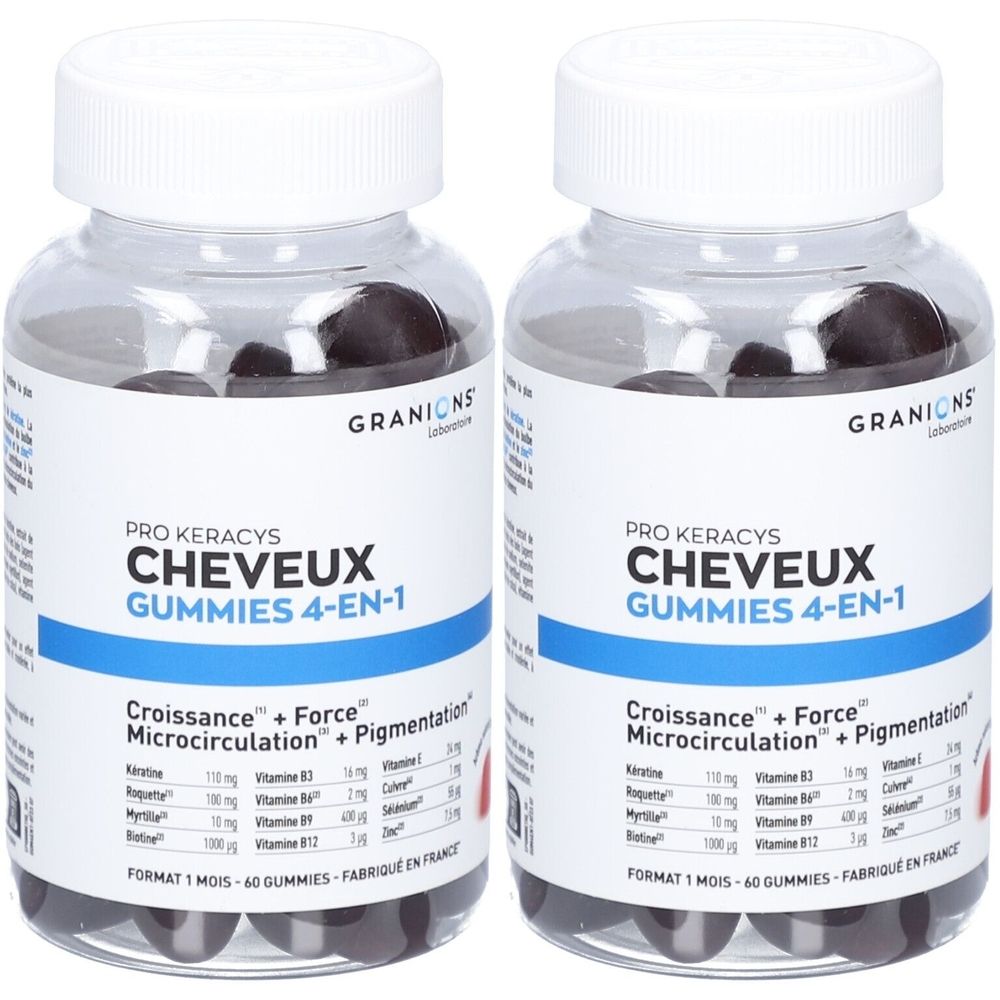 Deux flacons de GRANIONS Pro Keracys Gummies 4-en-1. Flacons transparents avec bouchons blancs, remplis de gommes foncées. Étiquettes bleues avec informations produit.