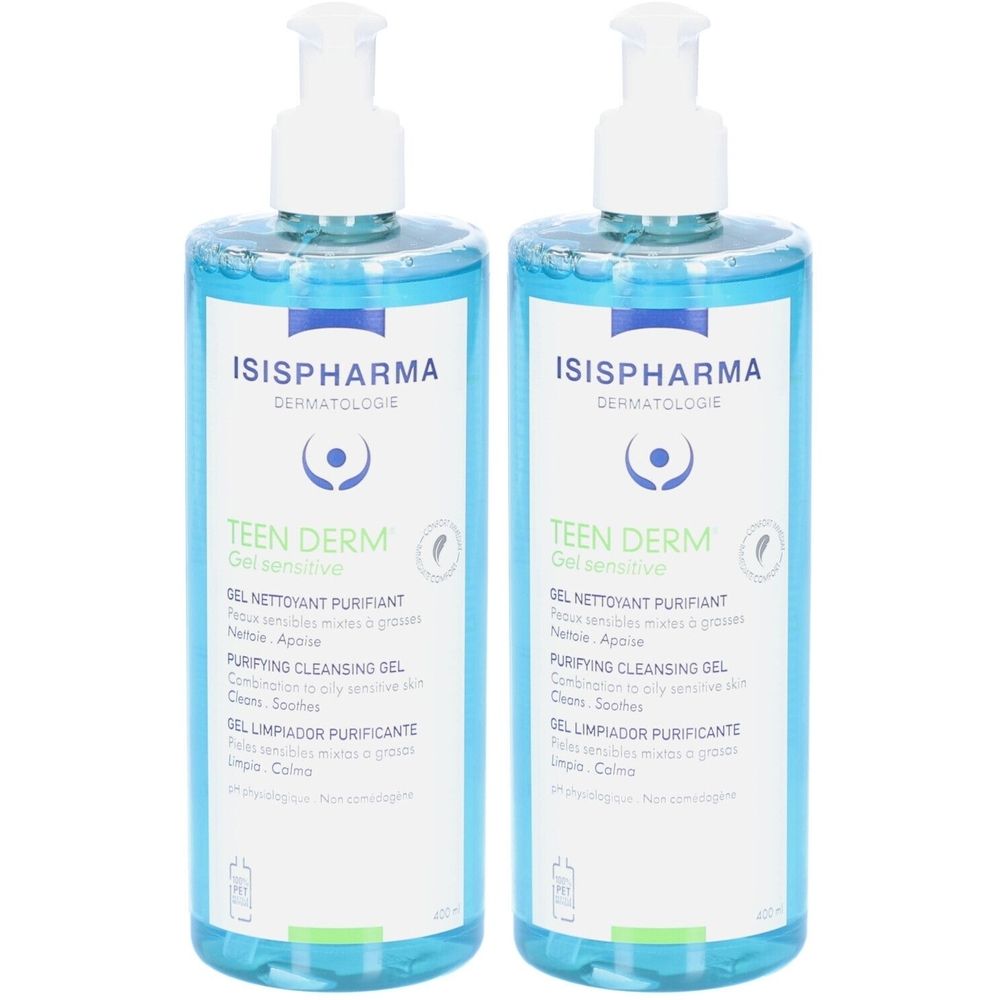 Deux flacons transparents de gel bleu. Étiquettes avec ISISPHARMA, TEEN DERM, Gel sensitive. Bouchon pompe blanc.