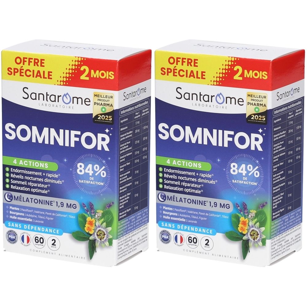 Deux boîtes de SOMNIFOR. Inscription « OFFRE SPÉCIALE 2 MOIS » et « 84% DE SATISFACTION » sur chaque boîte.