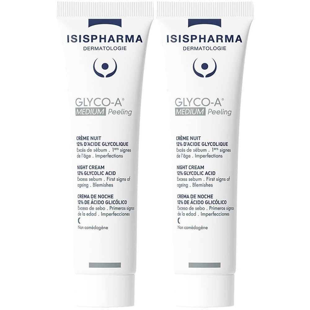 Deux tubes de ISISPHARMA Glyco-A Medium Peeling. Tubes blancs avec texte bleu. Texte: Crème Nuit, 12% acide glycolique, Night Cream.