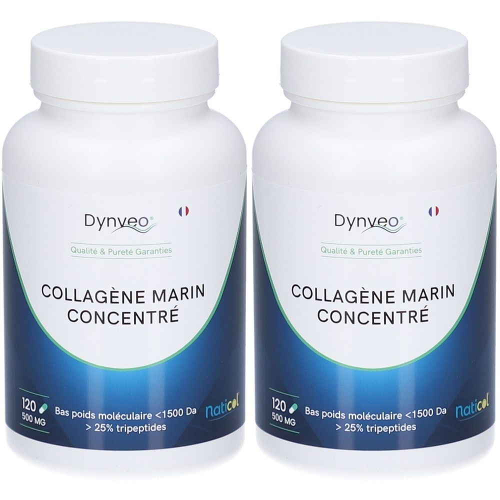 Deux flacons blancs avec étiquette bleue. Inscription: COLLAGÈNE MARIN CONCENTRÉ. Marque: Dynveo. Avec symbole drapeau français.