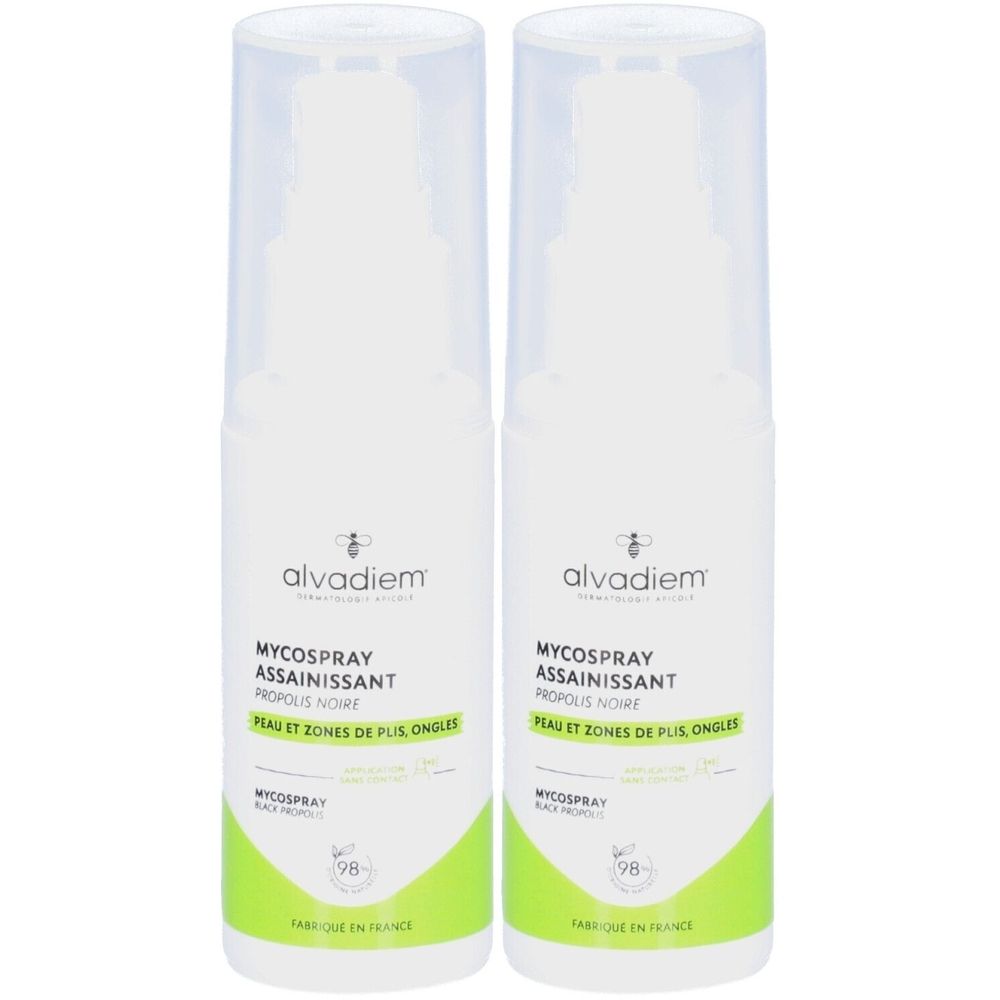 Deux flacons de spray blancs avec bouchons transparents. Inscription: Alvadiem Mycospray Assainissant, Propolis Noire, Peau et Zones de Plus Ongles.