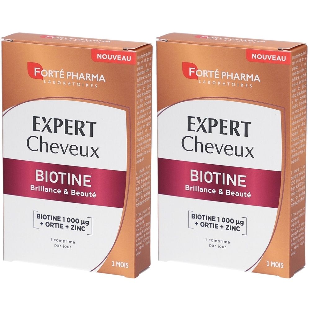 Deux boîtes de FORTE PHARMA Expert Cheveux Biotine. Inscription: Expert Cheveux, Biotine, Brillance & Beauté. Avec zinc et ortie.
