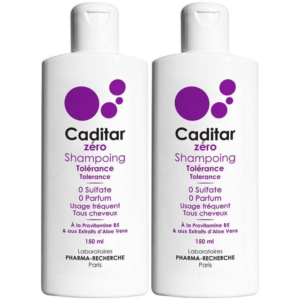 Deux flacons blancs de Caditar Zero Shampooing. Logo et texte violets. Inscription : Tolérance, 0 Sulfate, 0 Parfum, Usage fréquent, Tous cheveux.
