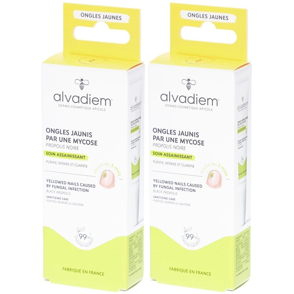 Deux boîtes blanches et jaunes. Inscription : alvadiem, Ongles Jaunis par une Mycose, Soin Assainissant. Accroches jaunes.