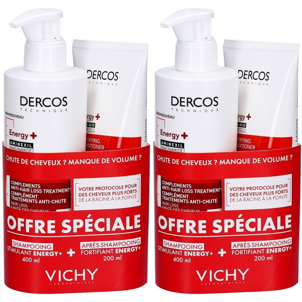 Deux coffrets produits. Flacons blancs avec texte rouge et noir. Inscription : Dercos, Energy+, Vichy. Offre spéciale.