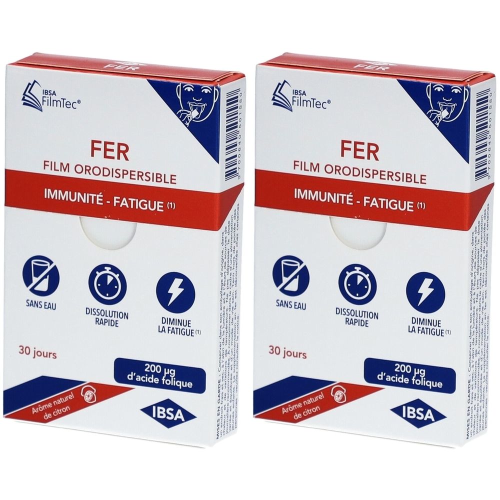 Deux boîtes de Fer Filmtec. Inscription: FER, Film Orodispersible, Immunité-Fatigue. Contient 200 µg d'acide folique. Logo IBSA.