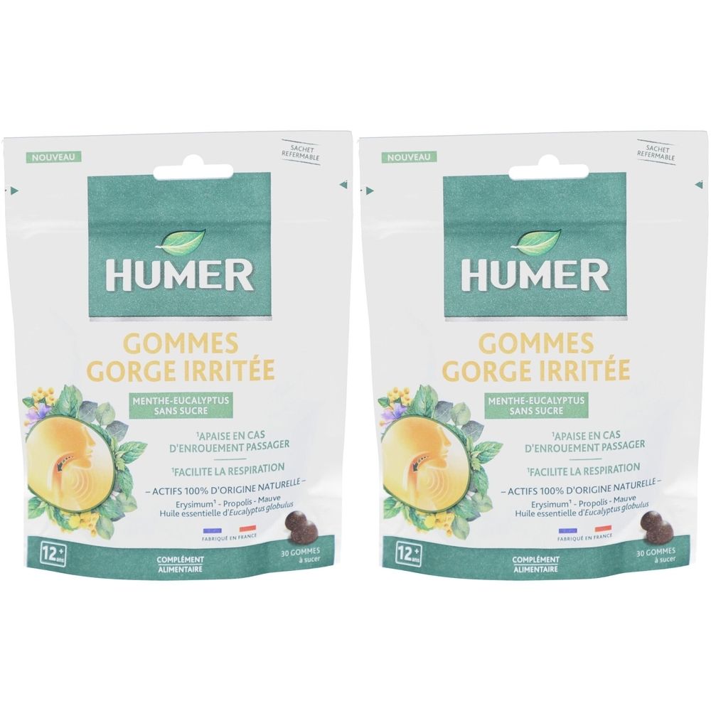 Deux sachets de HUMER Gommes Gorge Irritée. Sachet blanc avec logo vert et nom du produit. Illustration d'un fruit et de feuilles.