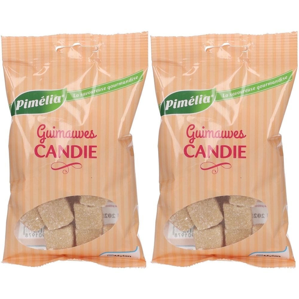 Deux sachets de Pimélia Guimauves Candie. Emballage beige avec fenêtre transparente. Guimauves carrées visibles.