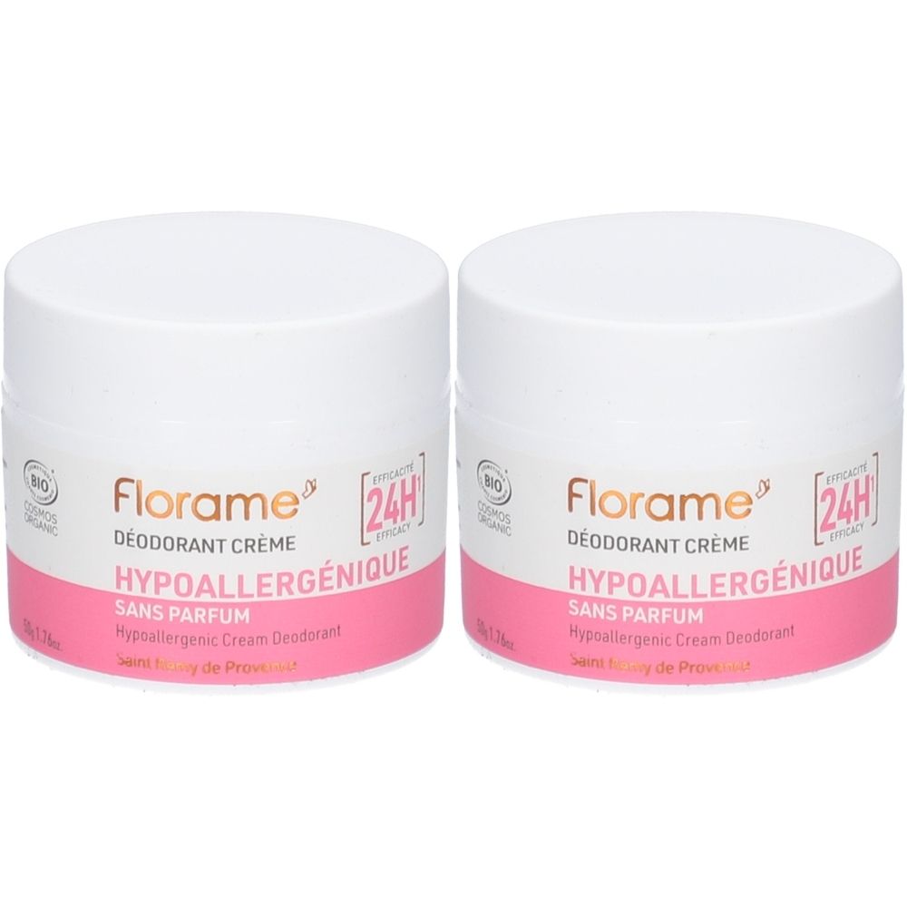 Deux pots blancs avec étiquette rose. Inscription: FLORAME, Déodorant Crème Hypoallergénique, 24H. Sans parfum. Certification bio.