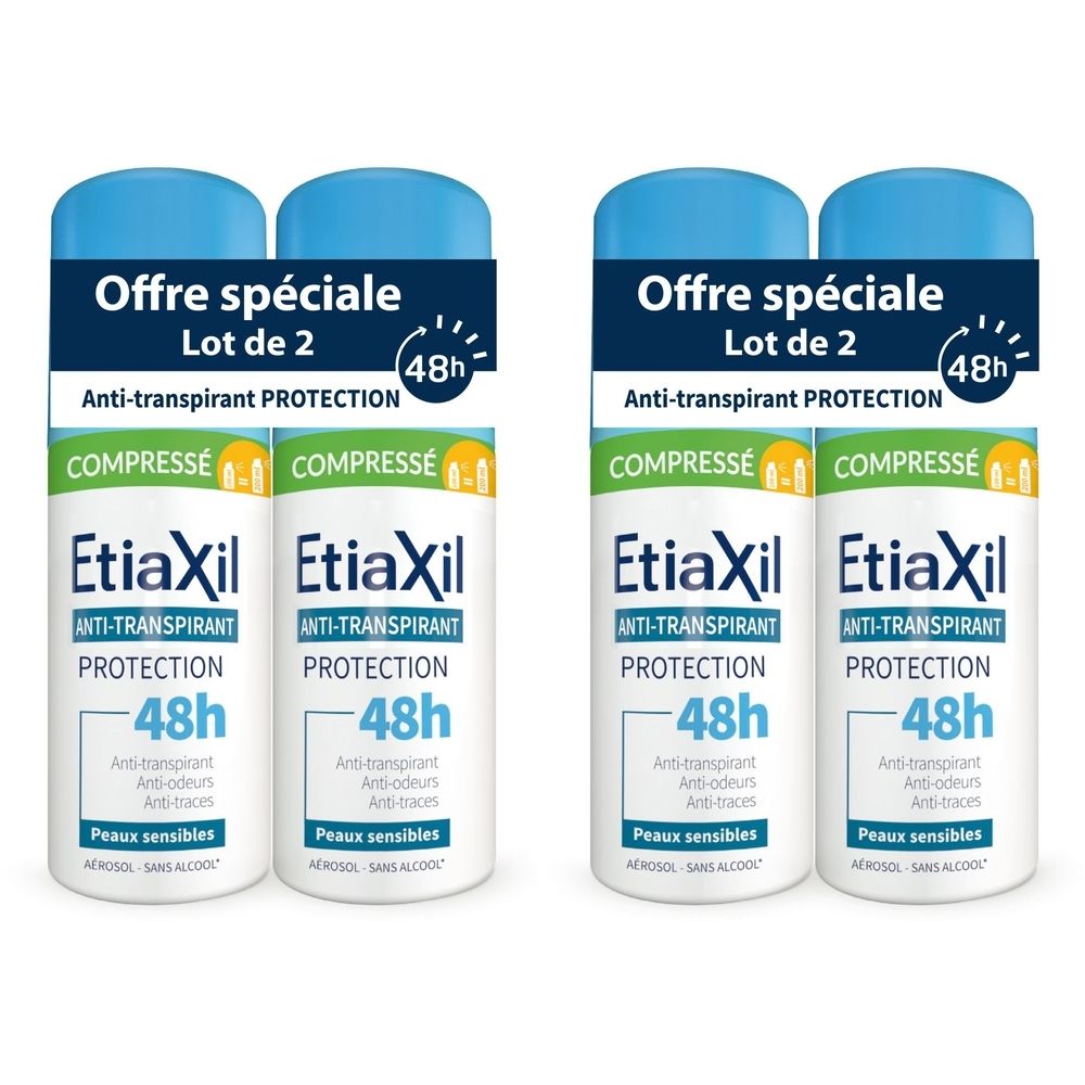 Deux sprays anti-transpirants Etiaxil. Bouchons bleus, contenants blancs. Inscription: Anti-transpirant Protection 48h. Offre spéciale: lot de 2.