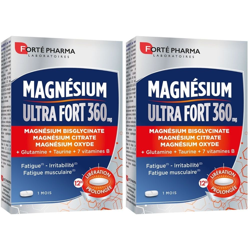 Deux boîtes de MAGNÉSIUM ULTRA FORT 360. Ingrédients : Bisglycinate, Citrate, Oxyde de magnésium. Glutamine, taurine, vitamines B. 12 comprimés.