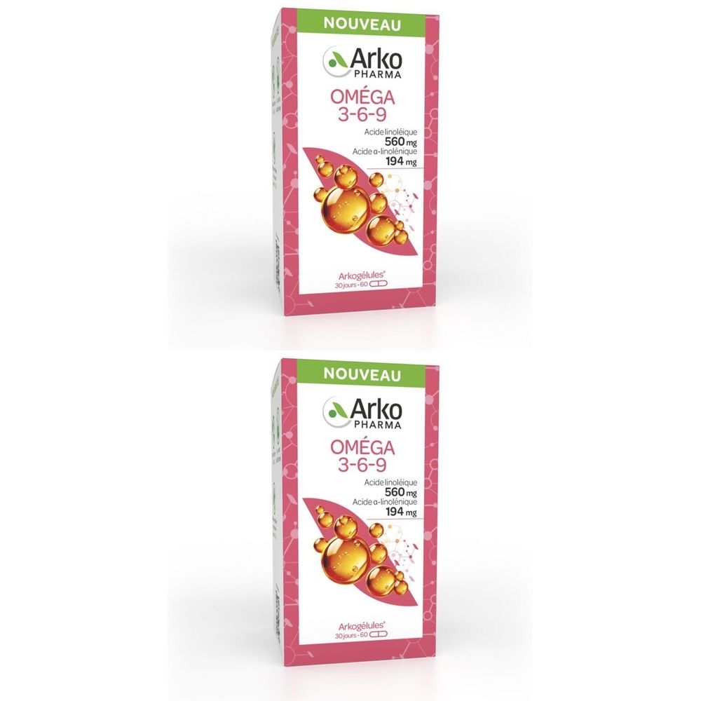 Deux boîtes avec « NOUVEAU » et « Arko Pharma Oméga 3-6-9 ». Impression avec des sphères jaunes.