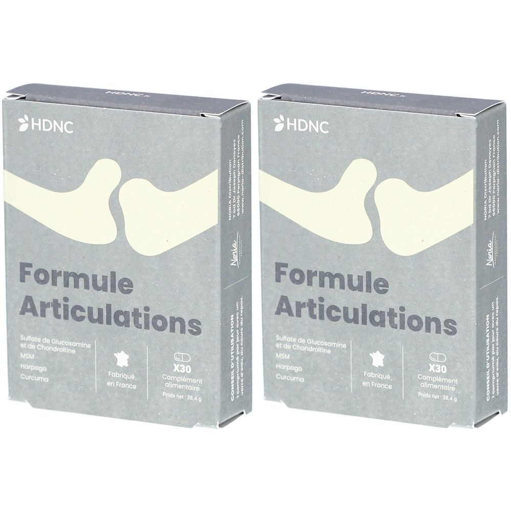 Deux boîtes grises avec le nom du produit Formule Articulations. Logo HDNC en haut à gauche. Drapeau français et symbole X30.