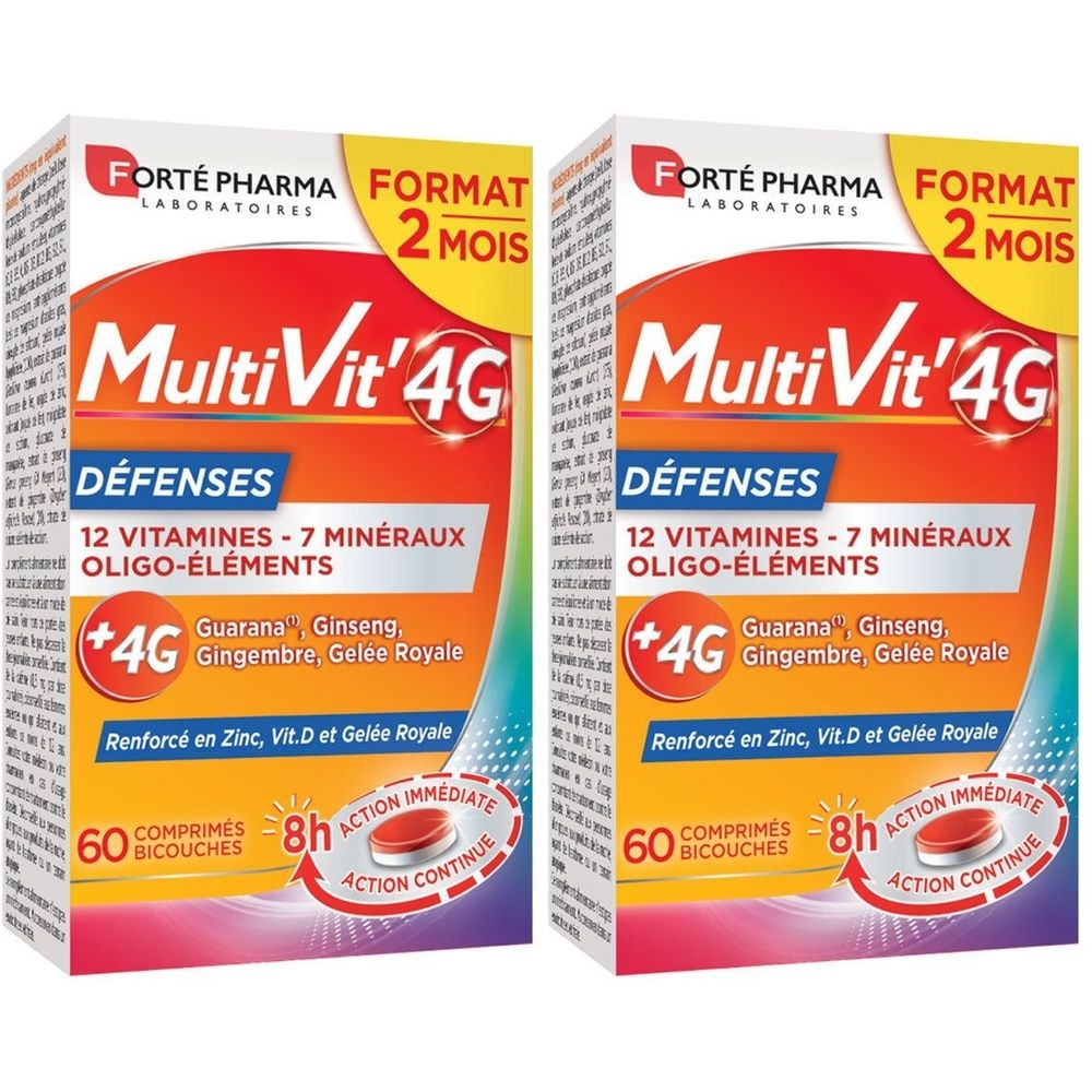 Deux boîtes de MultiVit'4G. Inscription : 12 vitamines, 7 minéraux, oligo-éléments. Contient guarana, ginseng, gingembre, gelée royale. 60 comprimés.