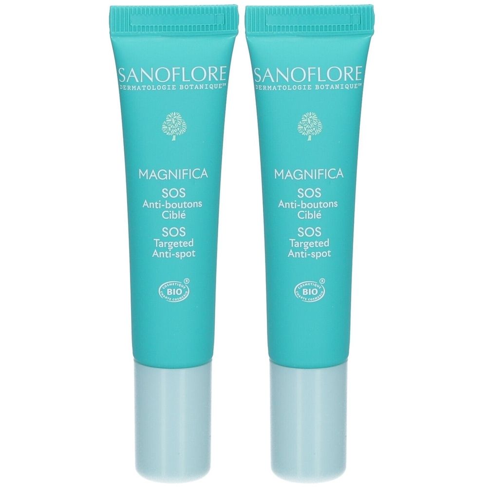 Deux tubes turquoise avec bouchon blanc. Inscriptions: SANOFLORE, MAGNIFICA SOS Anti-boutons Cible, certification BIO.