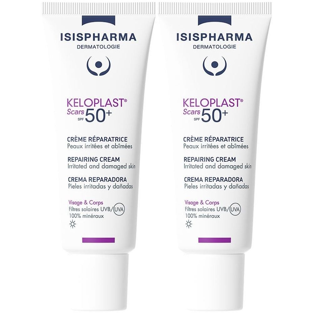 Deux tubes de crème Keloplast Cracks SPF50+ ISISPHARMA. Tubes blancs avec détails violets et informations multilingues.