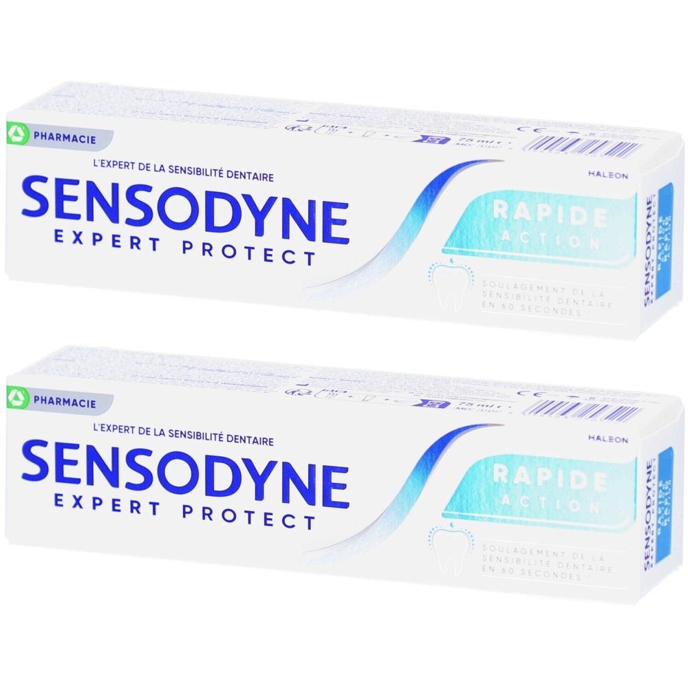 Deux tubes de dentifrice SENSODYNE Expert Protect. Emballage blanc avec design bleu et turquoise. Inscription : Rapide Action.