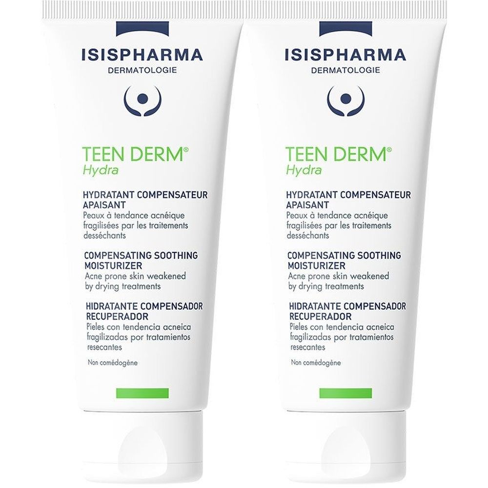 Deux tubes de Teen Derm Hydra. Tubes blancs avec texte vert. Contient ISISPHARMA et Teen Derm Hydra.