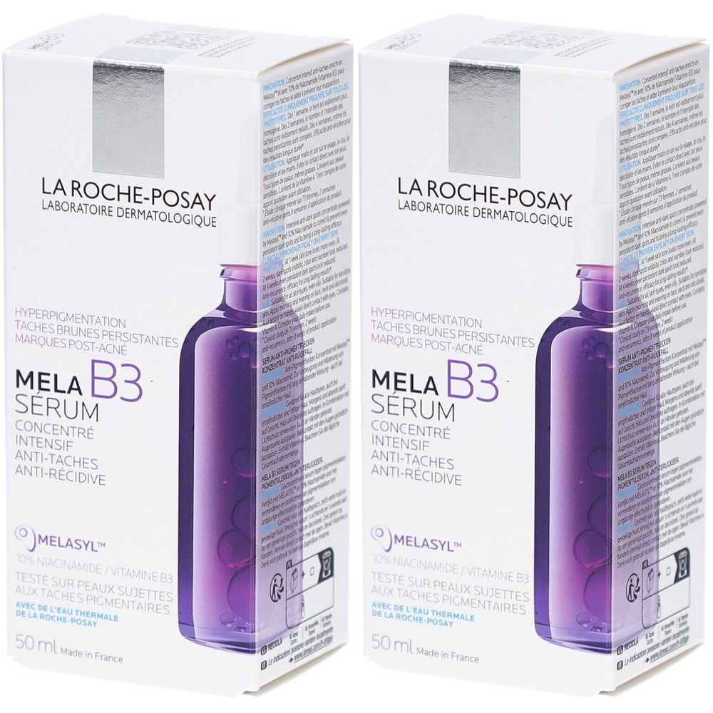 Deux boîtes de sérum La Roche-Posay Mela B3. Inscription : Mela B3 Sérum, anti-taches, anti-récidive. 50 ml.