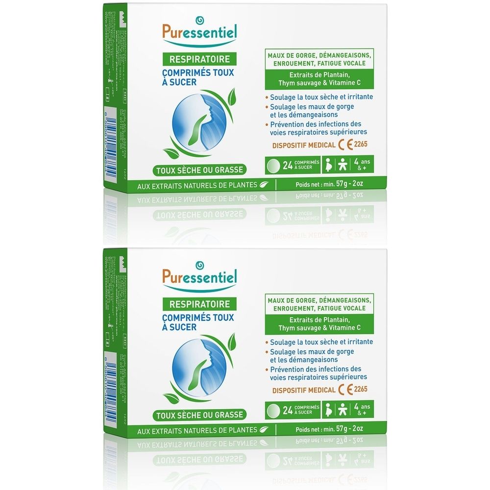 Deux boîtes Puressentiel Respiratoire. Comprimés à sucer. Texte en français. Contient le marquage CE.