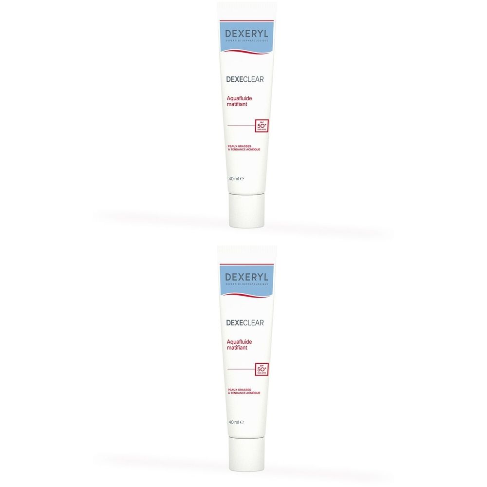 Deux tubes de DEXERYL Dexeclear Aquafluide Matifiant. Tubes blancs avec texte bleu et rouge. Nom du produit et logo visibles.