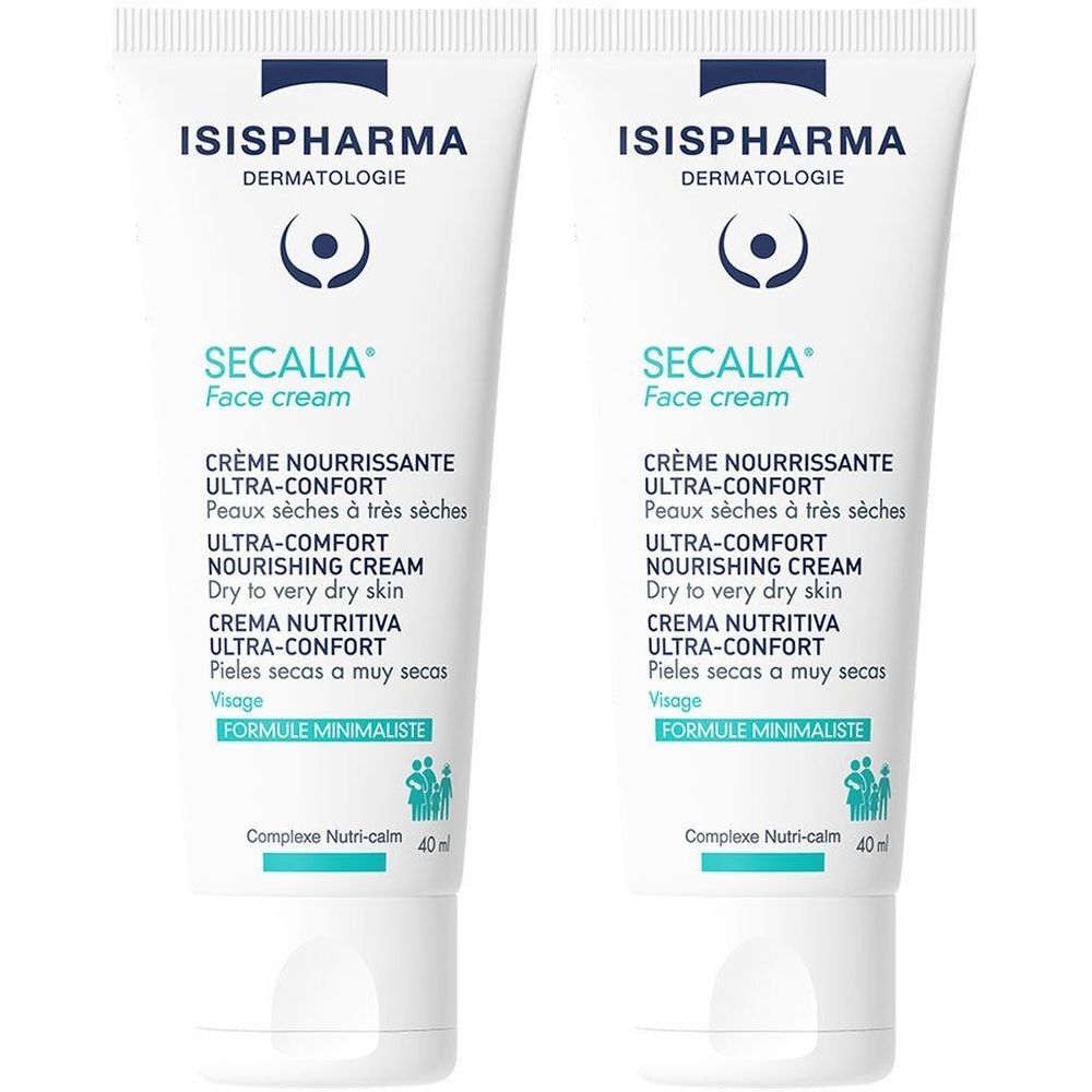 Deux tubes de crème pour le visage ISISPHARMA Secalia. Tubes blancs avec texte bleu. Texte: Crème Nourrissante, Ultra-Confort, 40 ml.