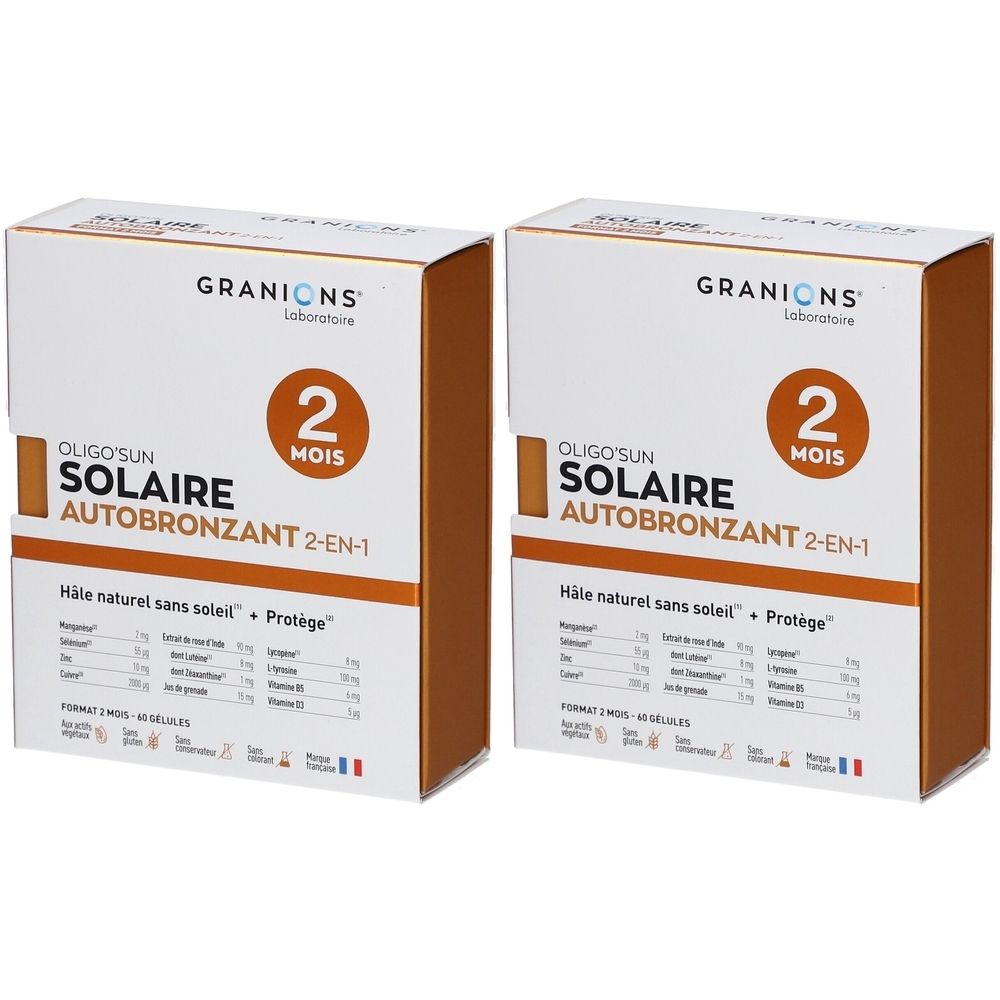 Deux boîtes de produit. Inscriptions: GRANIONS, Oligo'Sun Solaire Autobronzant 2-en-1, 2 mois. Drapeau français.