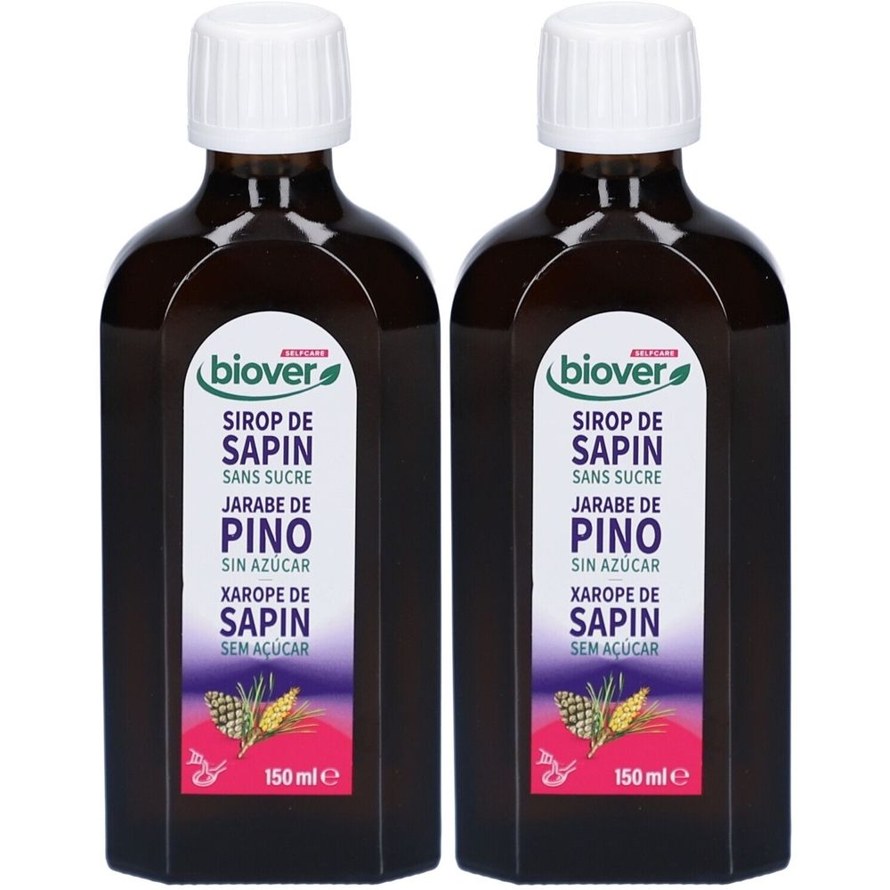 Deux flacons bruns avec bouchon blanc. Étiquette avec nom du produit et logo. Texte: Sirop de Sapin Sans Sucre, 150 ml.