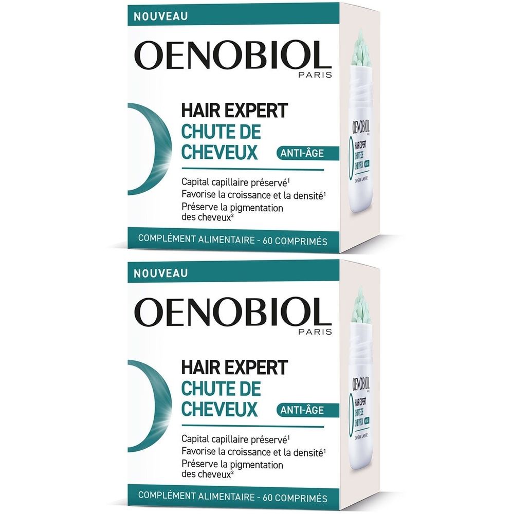 Deux boîtes blanches. Inscriptions: OENOBIOL, HAIR EXPERT, Anti-Âge. Contient 60 comprimés. Information sur la préservation des cheveux.