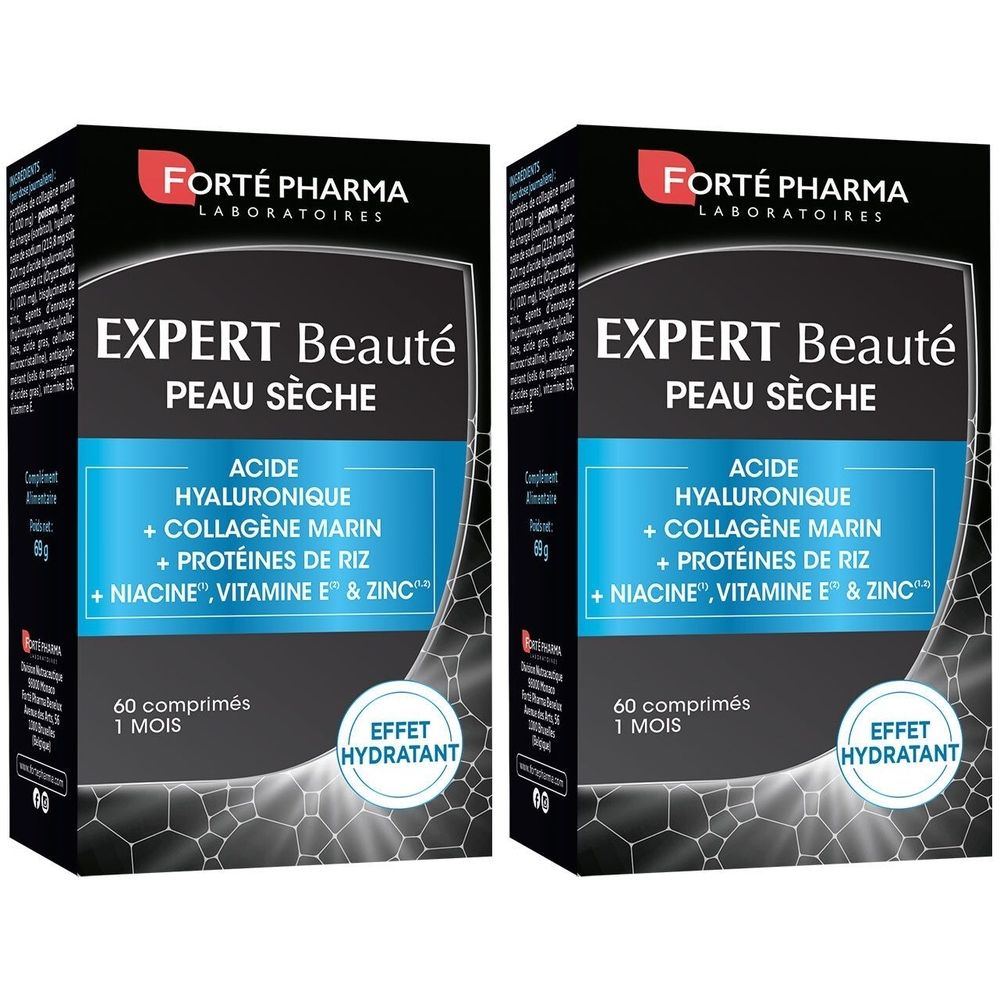 Deux boîtes de FORTE PHARMA Expert Beauté Peau Sèche. Emballage noir avec nom et ingrédients. 60 comprimés, 1 mois. Effet hydratant.