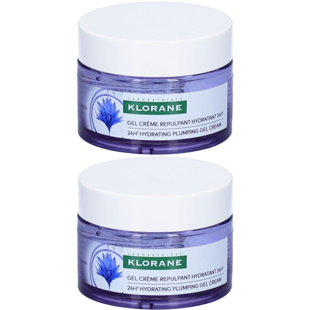 Deux pots de KLORANE Gel Crème Repulpant Hydratant 24H. Couvercles blancs, pots violets avec étiquette. Texte: KLORANE, Gel Crème...