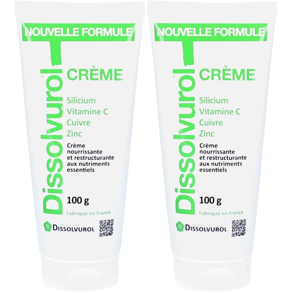 Deux tubes blancs avec impression verte. Texte: Crème, Silicium, Vitamine C, Cuivre, Zinc, 100 g, Dissolvurol. Fabriqué en France.