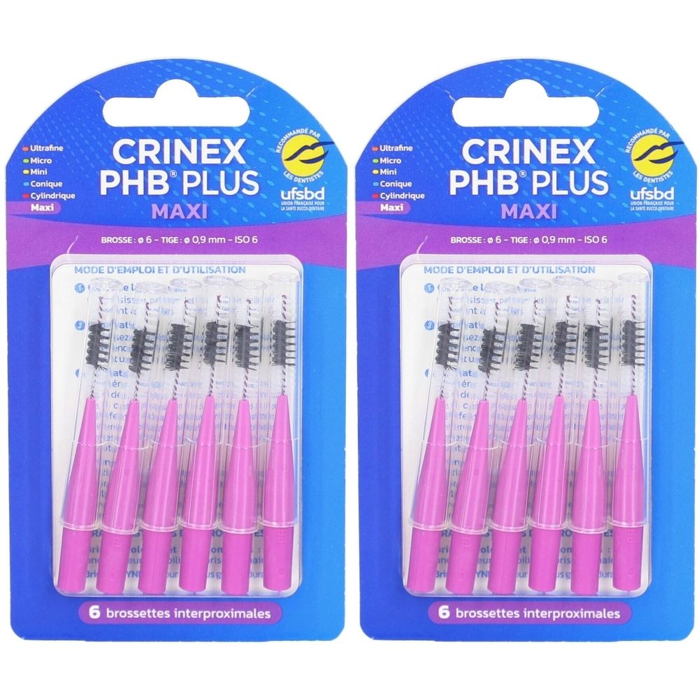 Deux paquets de CRINEX PHB Plus Maxi. Chaque paquet contient six brossettes interdentaires roses avec des poils noirs. Emballage bleu et violet.