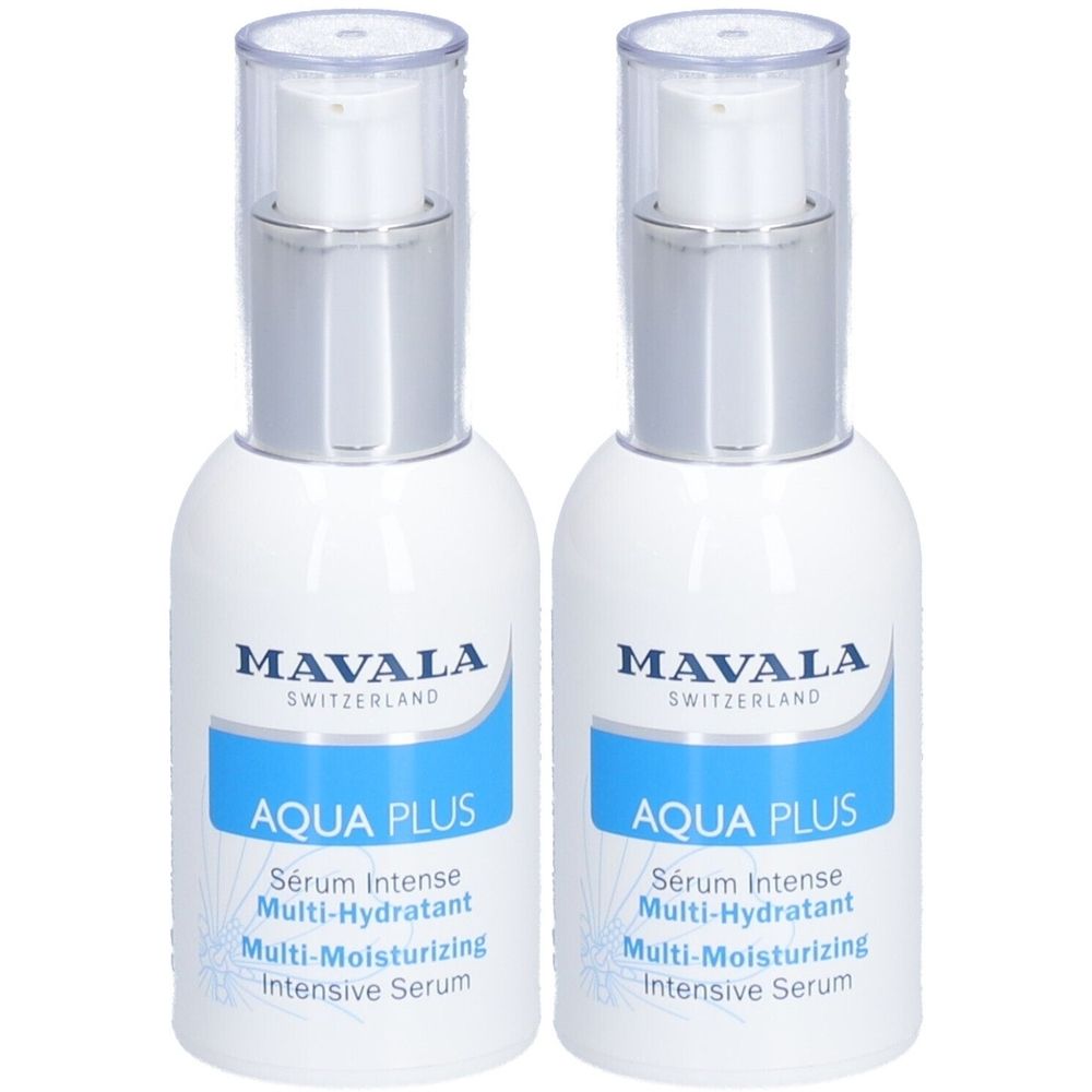 Deux flacons blancs avec pompes argentées. Inscription: MAVALA, AQUA PLUS, Sérum Intense Multi-Hydratant, Multi-Moisturizing Intensive Serum.